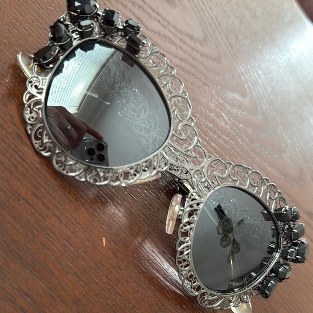 DOLCE & GABBANA Runway Rhinestone Elegant Black and Silver Women's Sunglasses
